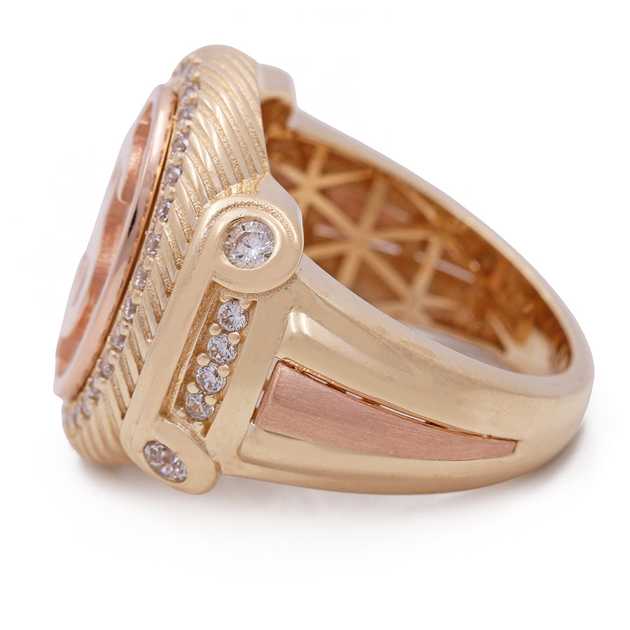 A Miral Jewelry 14K Yellow and Rose Gold Men's Ring with Dollar Sign and Cubic Zirconia.