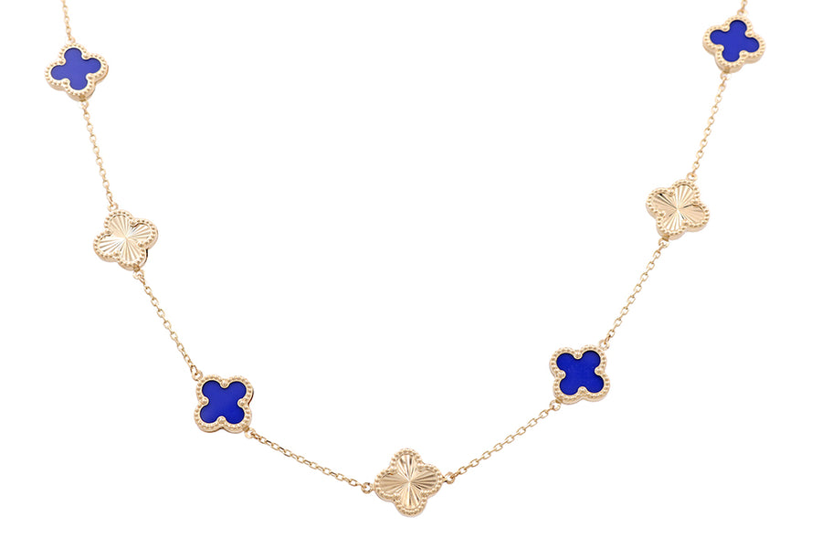 Miral Jewelry's 14K Yellow Gold Fashion Flowers Blue Stone and Gold Necklace with alternating blue clover and textured heart-shaped pendants, accented with Cubic Zirconias, on a white background.