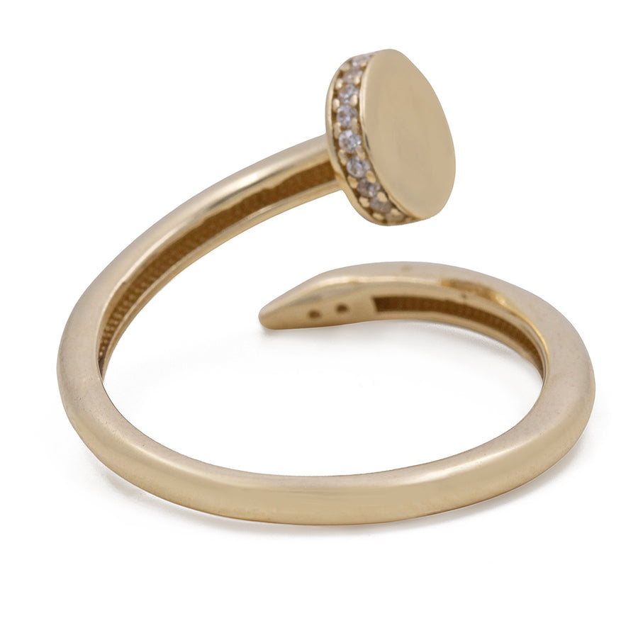 14K Yellow Gold Fashion Nail Ring with Cubic Zirconias by Miral Jewelry, isolated on a white background.