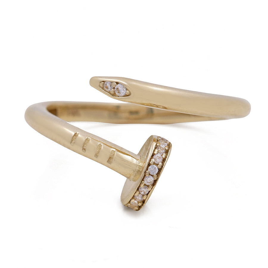 Miral Jewelry's 14K Yellow Gold Fashion Nail Ring with Cubic Zirconias features a head encrusted with diamonds and a partially spiraled shank.