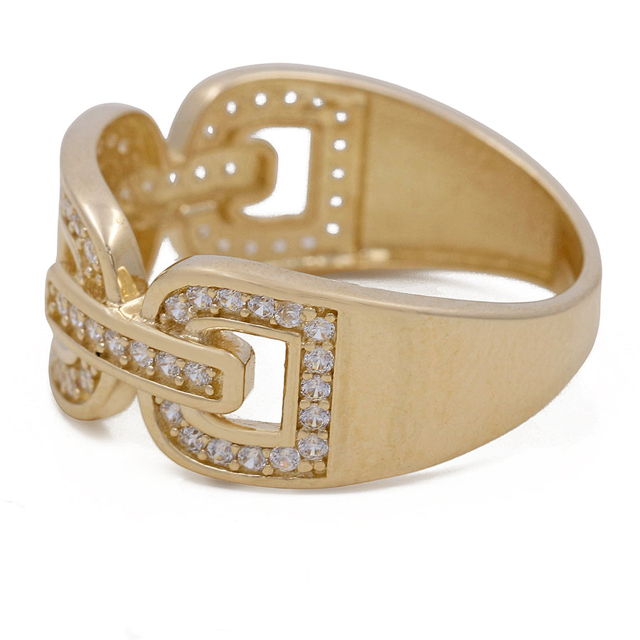 Miral Jewelry's 14K Yellow Gold Fashion Links Ring with Cubic Zirconias shaped like a heart, adorned with tiny cubic zirconias on a white background.