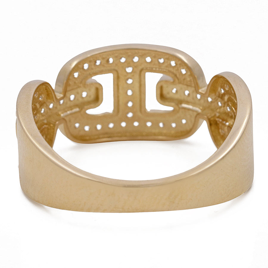 Miral Jewelry's 14K Yellow Gold Fashion Links Ring with Cubic Zirconias features an openwork design with two interlocking d-shaped elements on a white background.