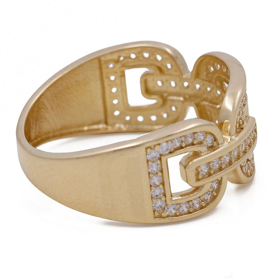 Miral Jewelry's 14K Yellow Gold Fashion Links Ring with Cubic Zirconias designed as intertwined letters 'd' and 'g', embellished with small cubic zirconias on a white background.
