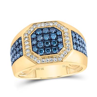 A yellow gold ring with blue and white diamonds.