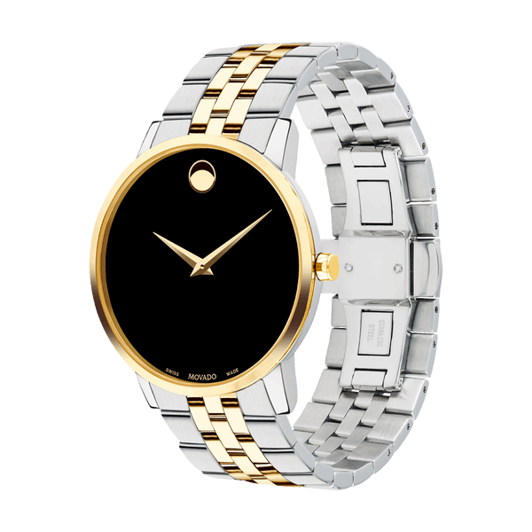 The MOVADO Museum Classic watch, by Miral Jewelry, showcases a black dial and a stainless steel case with yellow gold PVD-finished accents.