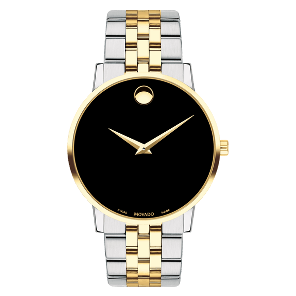 The Miral Jewelry MOVADO Museum Classic men's watch features a black dial, stainless steel, and a yellow gold PVD-finished case.
