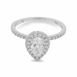 The Miral Jewelry 14K White Gold Bridal Woman's Ring with Diamonds features a stunning pear-shaped diamond surrounded by smaller diamonds on the band, making it the perfect addition to complete your wedding day ensemble.