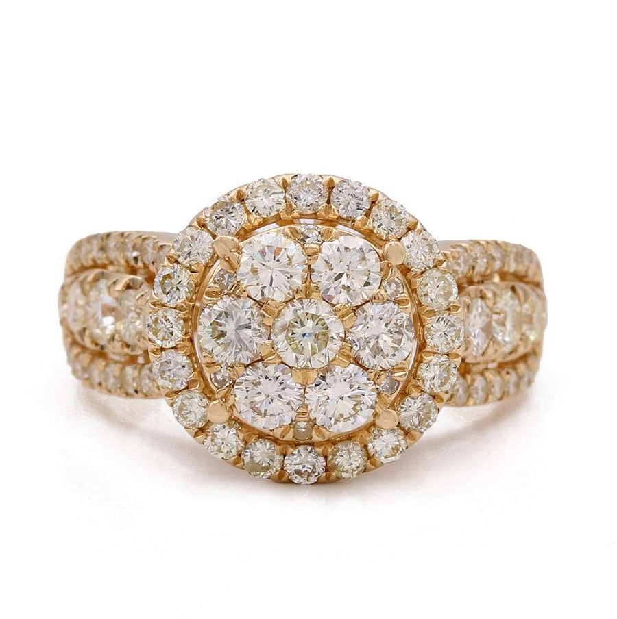 A Miral Jewelry 14K yellow gold Contemporary Engagement Ring with a cluster of diamonds, weighing approximately 2.56tdw.