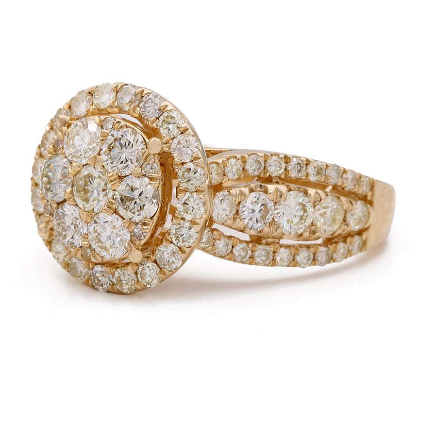 A Miral Jewelry 14K Yellow Gold Contemporary Engagement Ring adorned with a cluster of diamonds, totaling 2.56tdw.