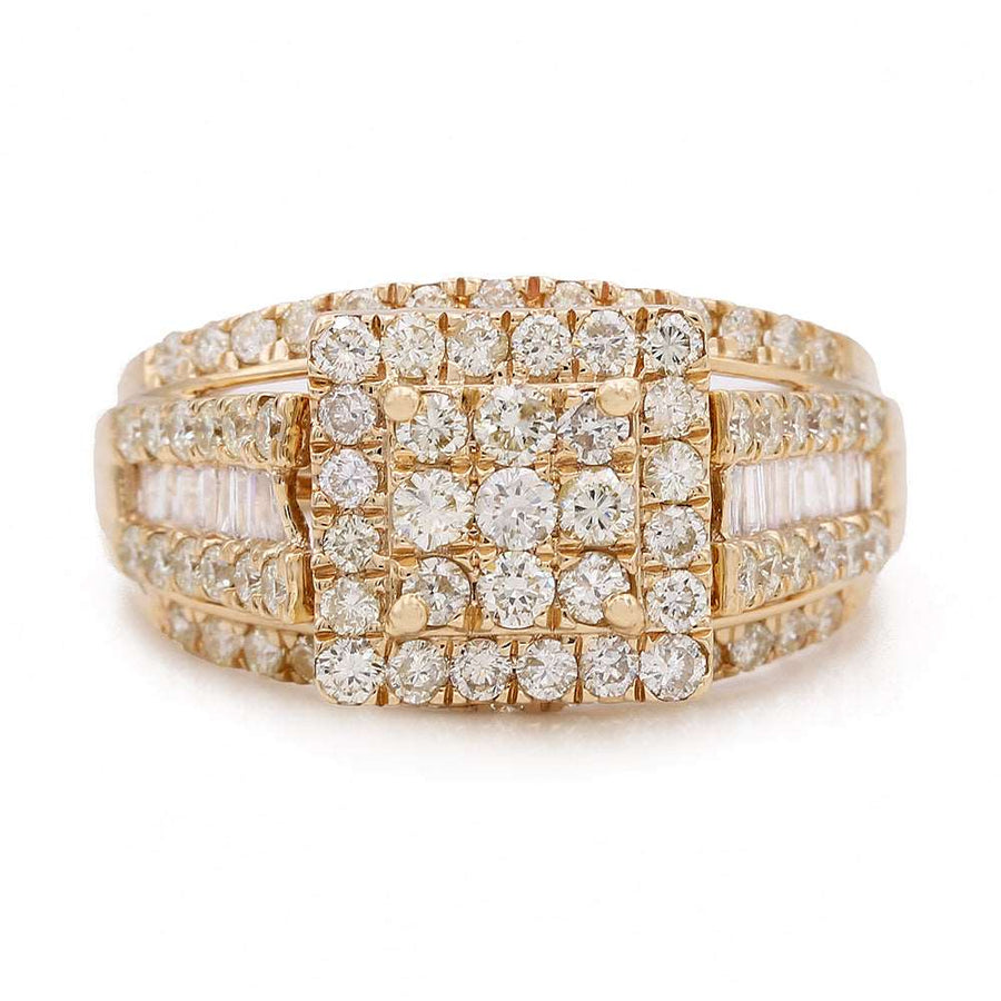 A Miral Jewelry 14K Yellow Gold Contemporary Engagement Ring, adorned with white and yellow diamonds.
