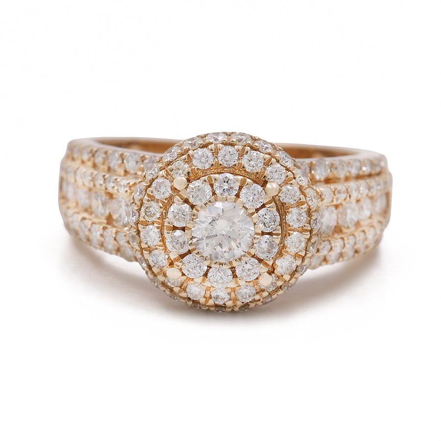 Modified Description: A Miral Jewelry Women's Contemporary Diamond Engagement Ring in 14K Yellow Gold adorned with a cluster of Round Diamonds.