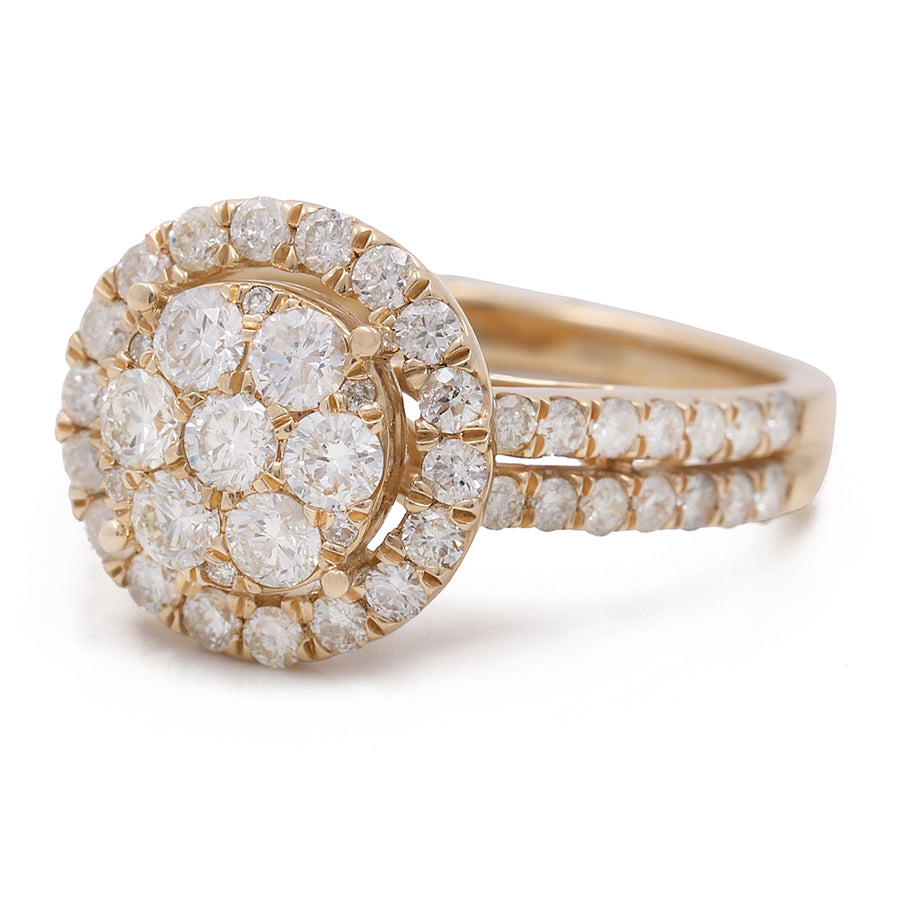A Miral Jewelry women's contemporary diamond engagement ring crafted in 14K yellow gold, featuring a dazzling cluster of 1.87 TW round diamonds.