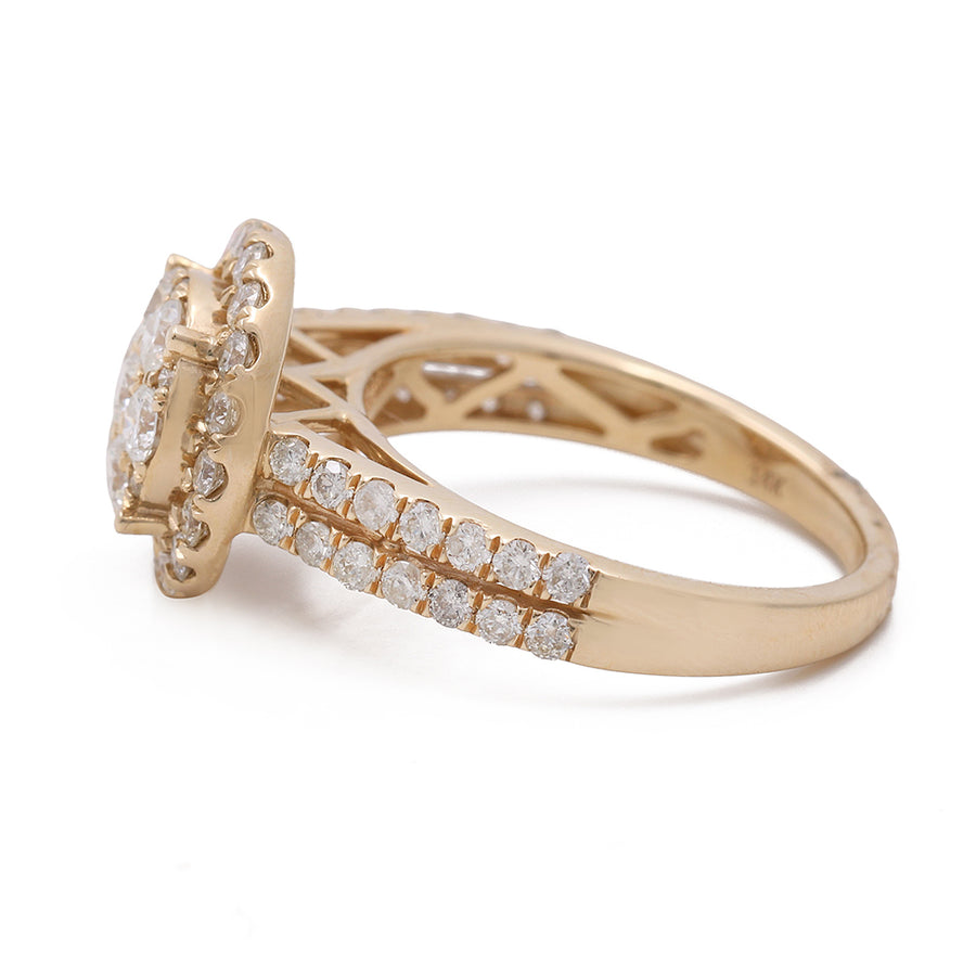 A Miral Jewelry 14K Yellow Gold Women's Contemporary Diamond Engagement Ring with 1.87 TW Round Diamonds. Featuring a halo of round diamonds and two rows of sparkling stones.
