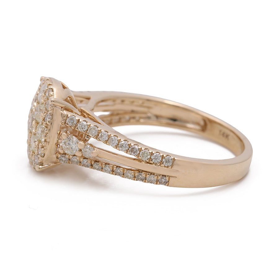A Miral Jewelry 14K Yellow Gold Women's Contemporary Diamond Engagement Ring with 1.27 TW Round Diamonds featuring two rows of round diamonds.