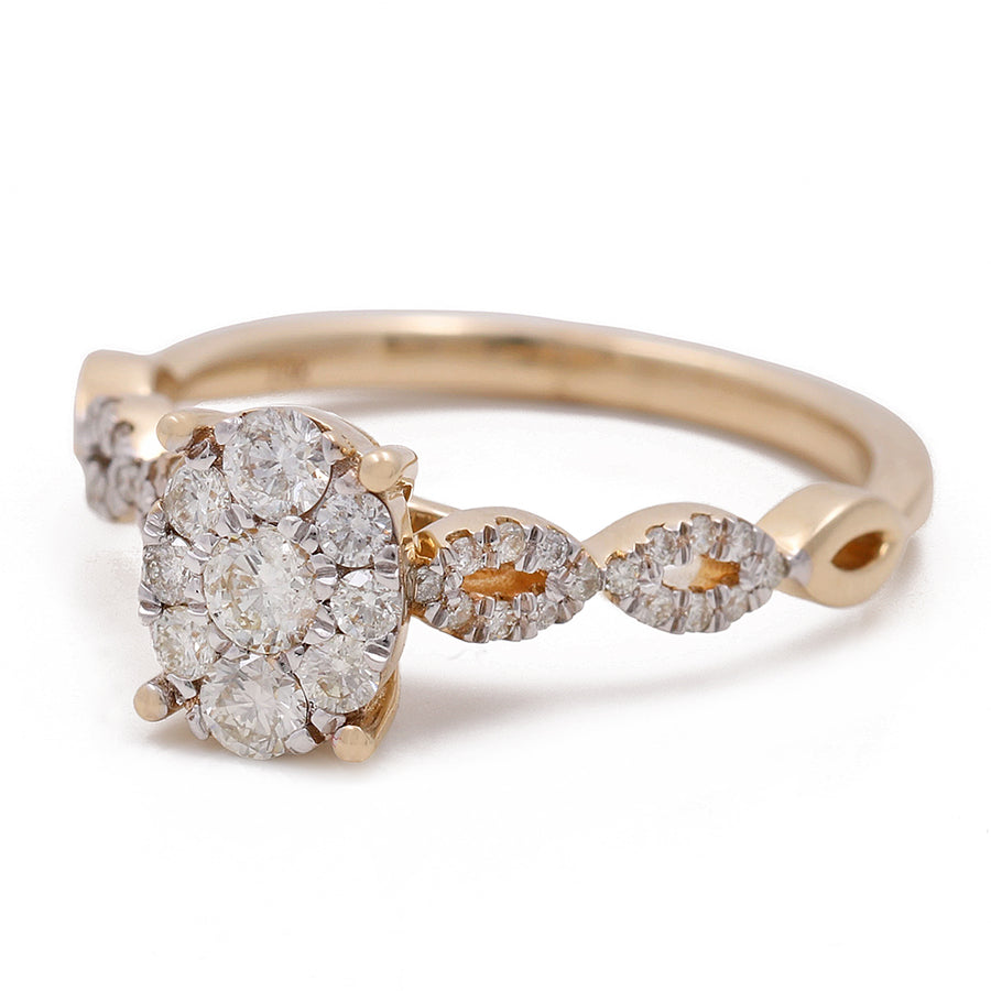 A Miral Jewelry 14K Yellow Gold Women's Contemporary Diamond Engagement Ring adorned with a cluster of 0.67 TW round diamonds.