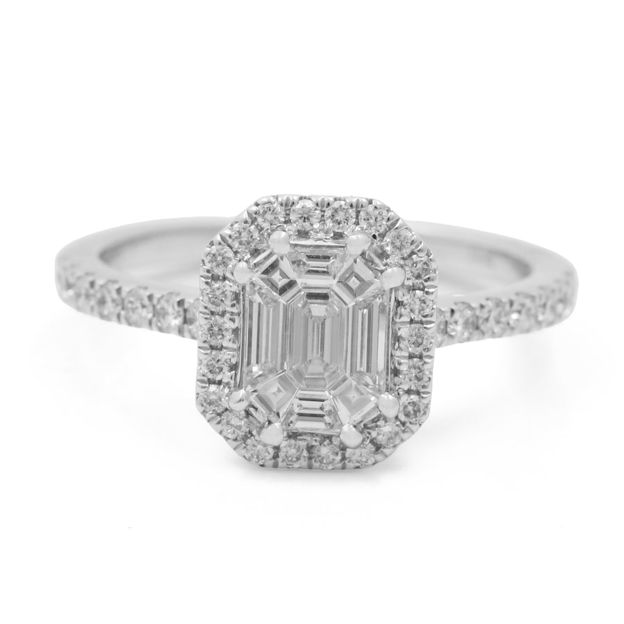 A stunning 14K White Gold Women's Contemporary Diamond Engagement Ring with 1.35 TW Round and Baguette Diamonds engagement ring, set in white gold by Miral Jewelry.