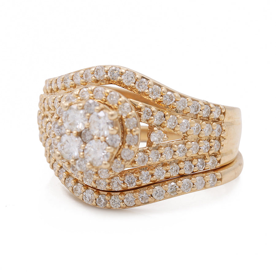 A Miral Jewelry 14K Yellow Gold Women's Contemporary Diamond Bridal Set with 1.69 TW Round Diamonds, featuring three rows of diamonds for women.
