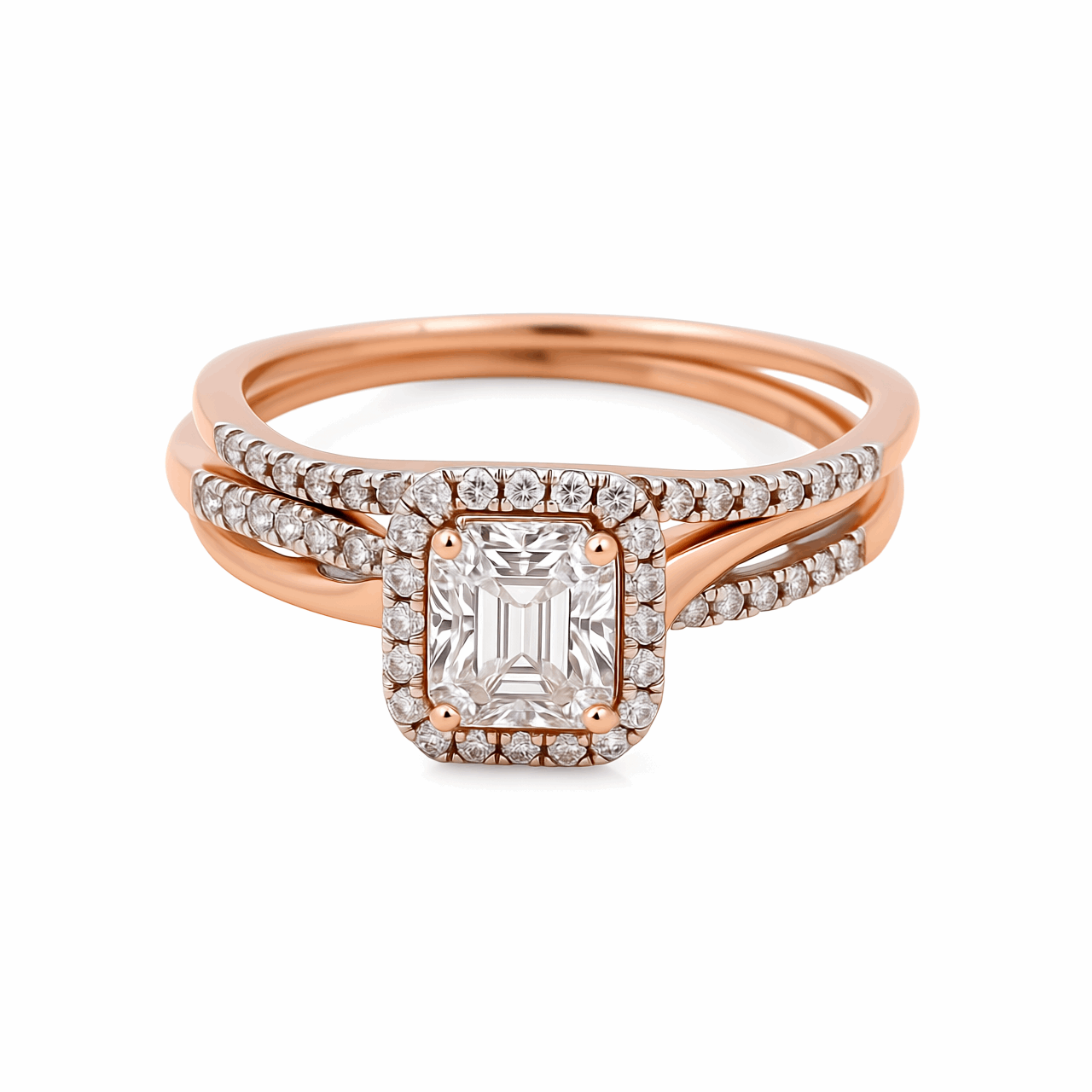 14K Rose Gold Emerald Diamond Bridal Set Ring with 0.37Tw Round Diamonds and Baguette Diamonds