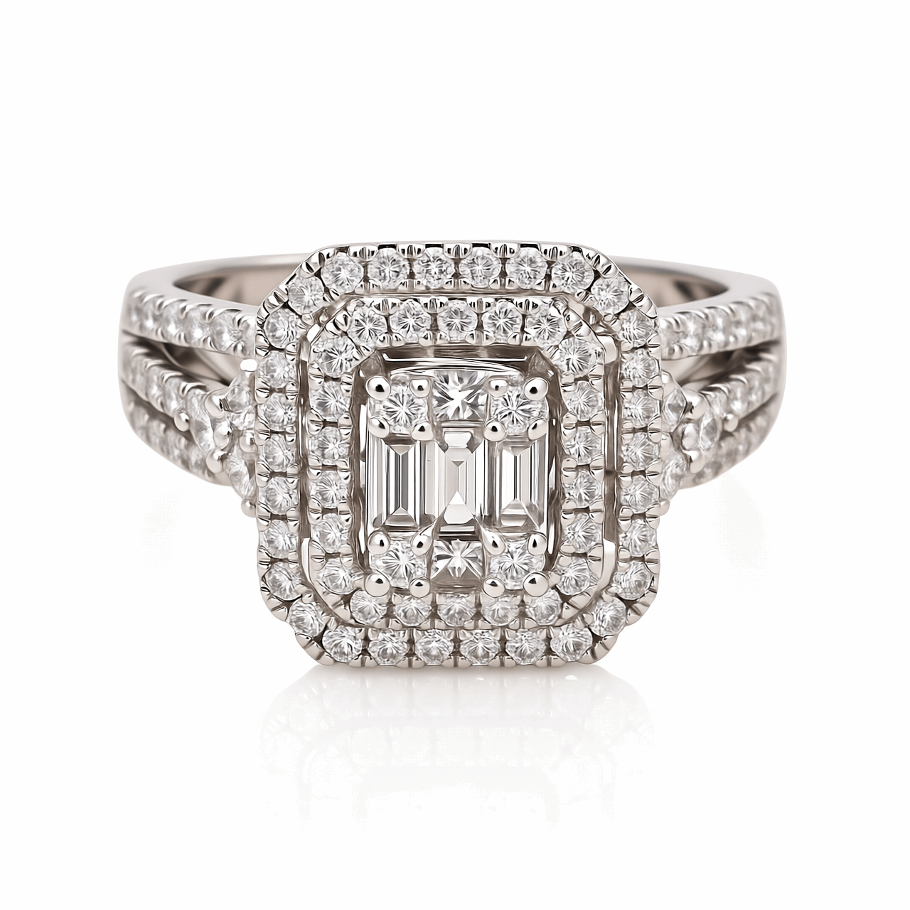 14K White Gold Modern Diamond Bridal Set Ring with 1.20Tw Round and Baguette Diamonds