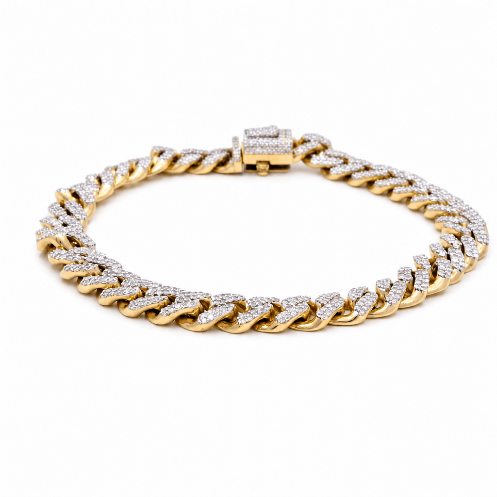 10K Men's Yellow Gold Cuban Link Diamond Bracelet with 3.75 Tw Round Diamonds - Miral Jewelry