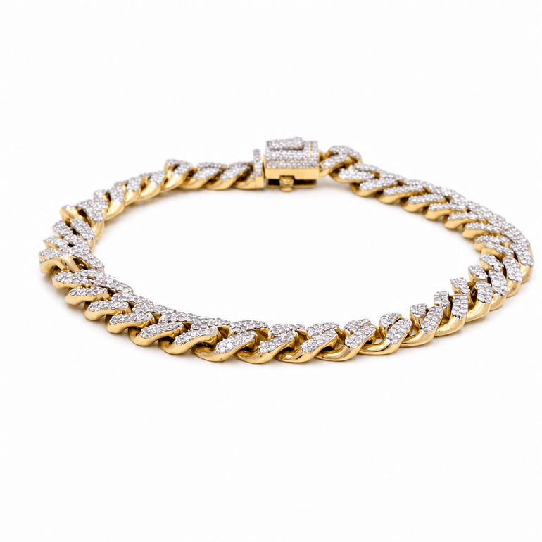 10K Men's Yellow Gold Cuban Link Diamond Bracelet with 3.75 Tw Round Diamonds - Miral Jewelry