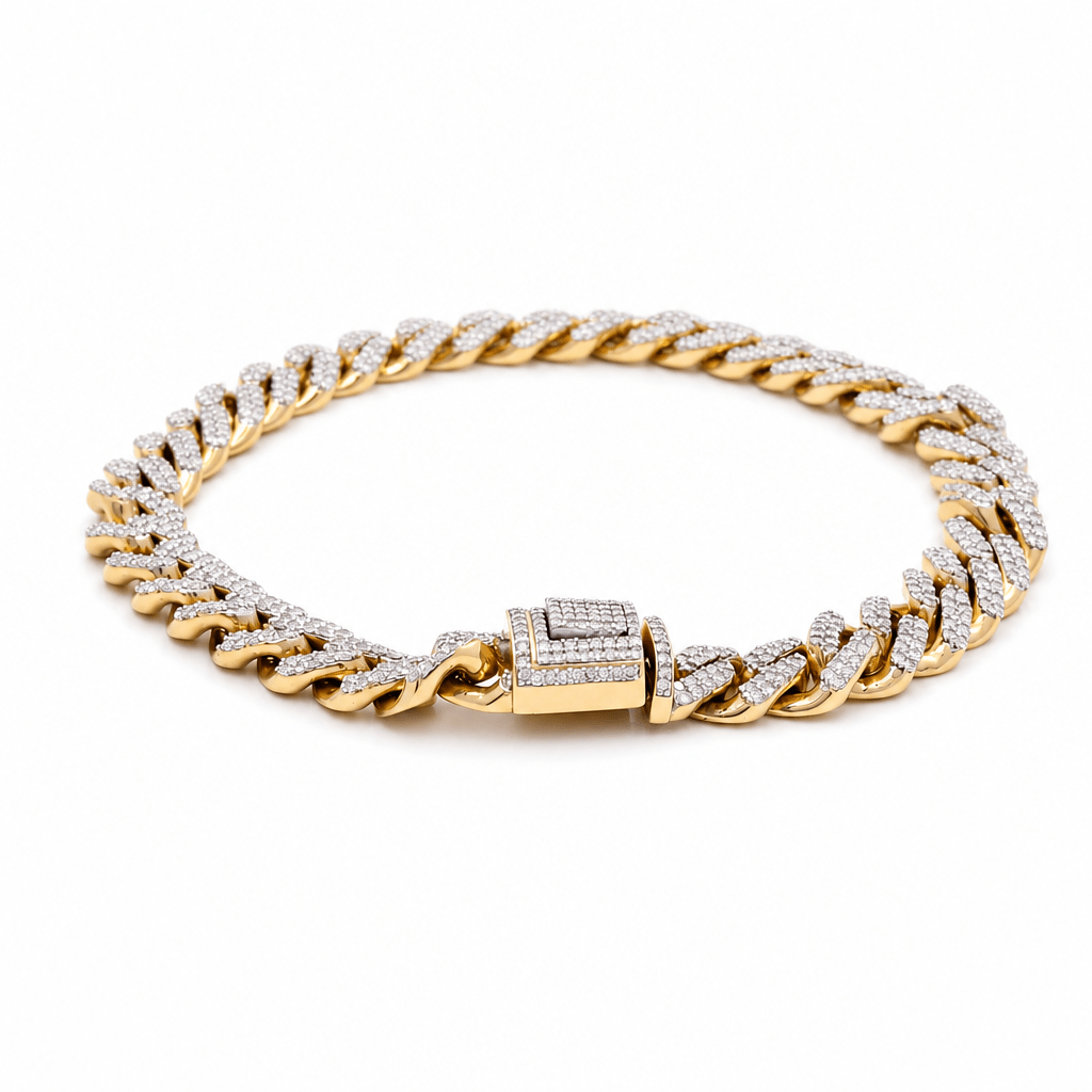 10K Men's Yellow Gold Cuban Link Diamond Bracelet with 3.75 Tw Round Diamonds - Miral Jewelry