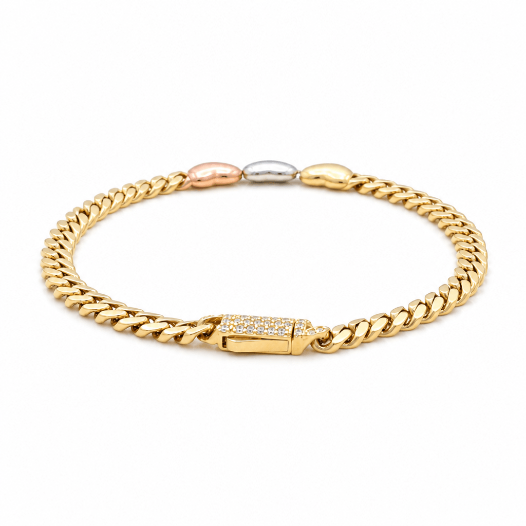 10K Tri Color Gold Monaco with 3 Hearts Link Bracelet Women's - Miral Jewelry