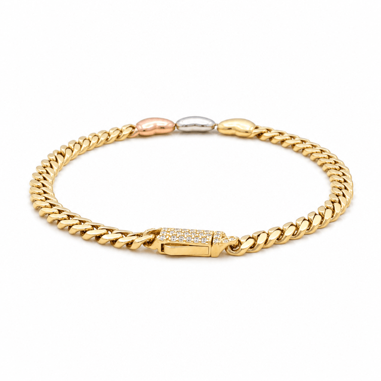 10K Tri Color Gold Monaco with 3 Hearts Link Bracelet Women's - Miral Jewelry