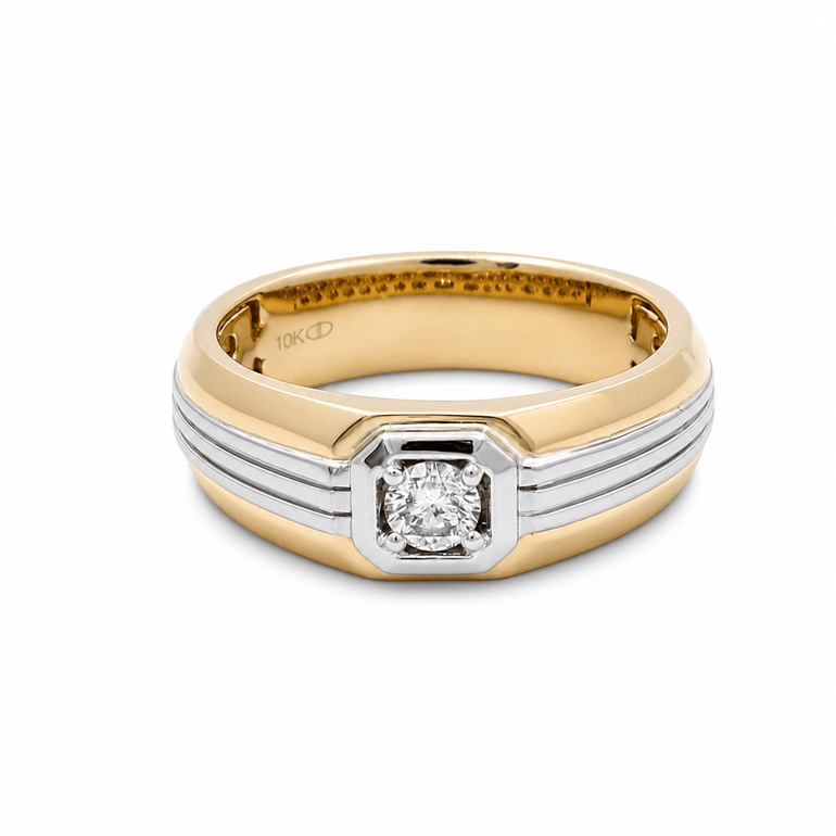 10K Two Tone White/Yellow Band Diamond Men's Ring With One Round Diamonds - Miral Jewelry