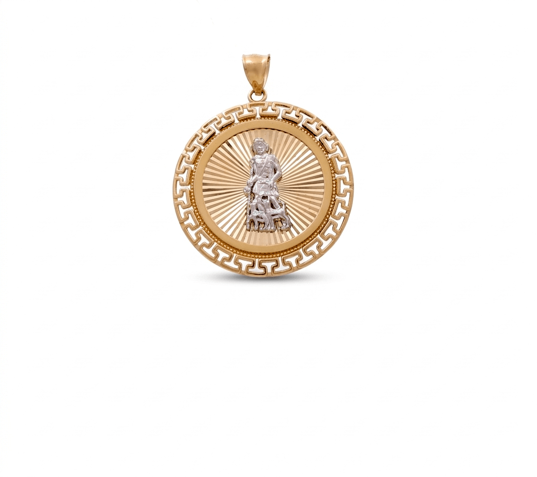 10K Two Tone White/Yellow Gold Diamond Cut San Lazaro Medal Pendant - Miral Jewelry