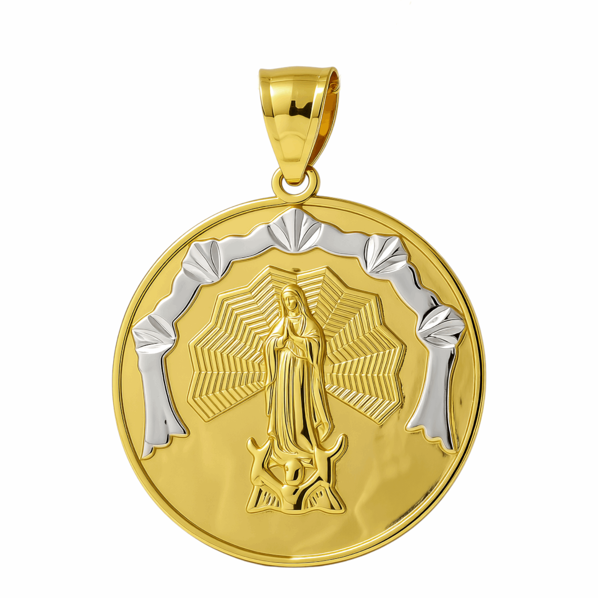 10K Two Tone White/Yellow Gold Guadalupe Medal Unisex Pendant - Miral Jewelry