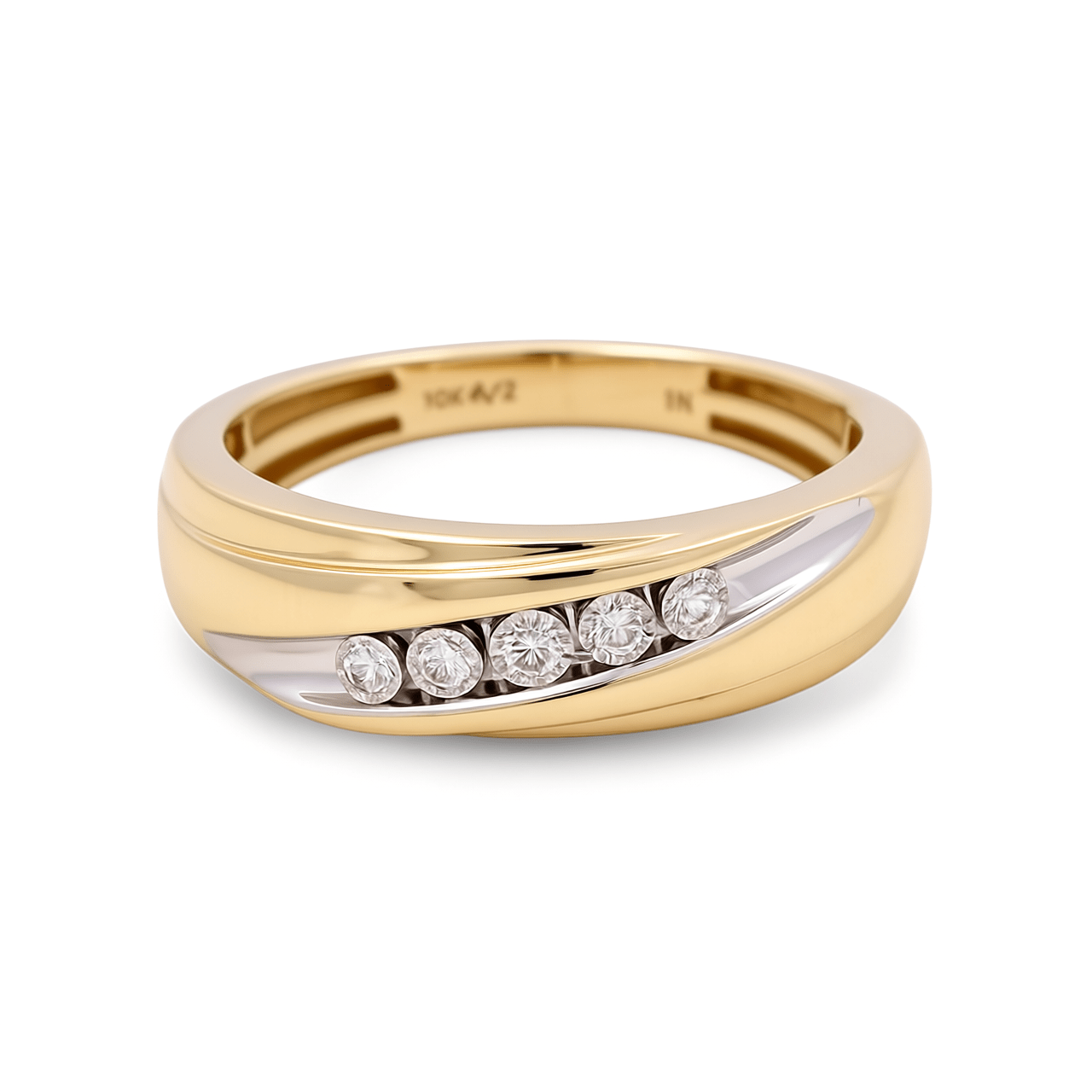 10K Two Tone White/Yellow Gold Wedding Band with 0.10Tw Round Diamonds - Miral Jewelry