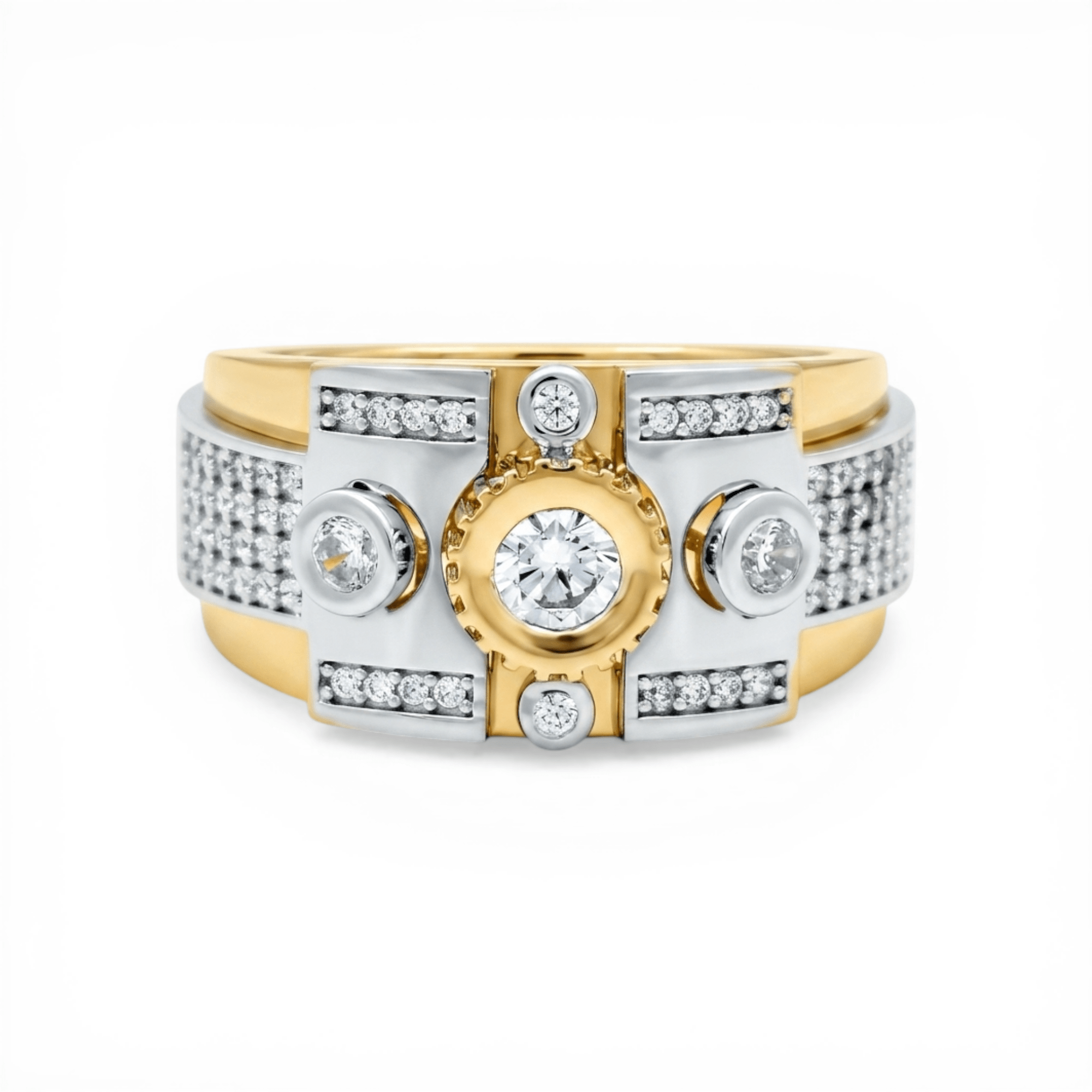 10k Two Tone White/Yellow Gold with Cz Fashion Men's Ring - Miral Jewelry