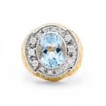 10K Two Tone White/Yellow Oval Diamond Men's Ring with 0.45Tw Round Diamonds and Oval Blue Topaz - Miral Jewelry