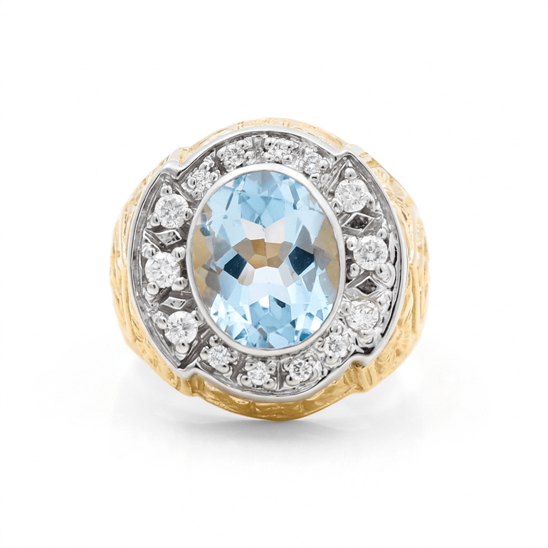 10K Two Tone White/Yellow Oval Diamond Men's Ring with 0.45Tw Round Diamonds and Oval Blue Topaz - Miral Jewelry