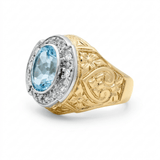 10K Two Tone White/Yellow Oval Diamond Men's Ring with 0.45Tw Round Diamonds and Oval Blue Topaz - Miral Jewelry