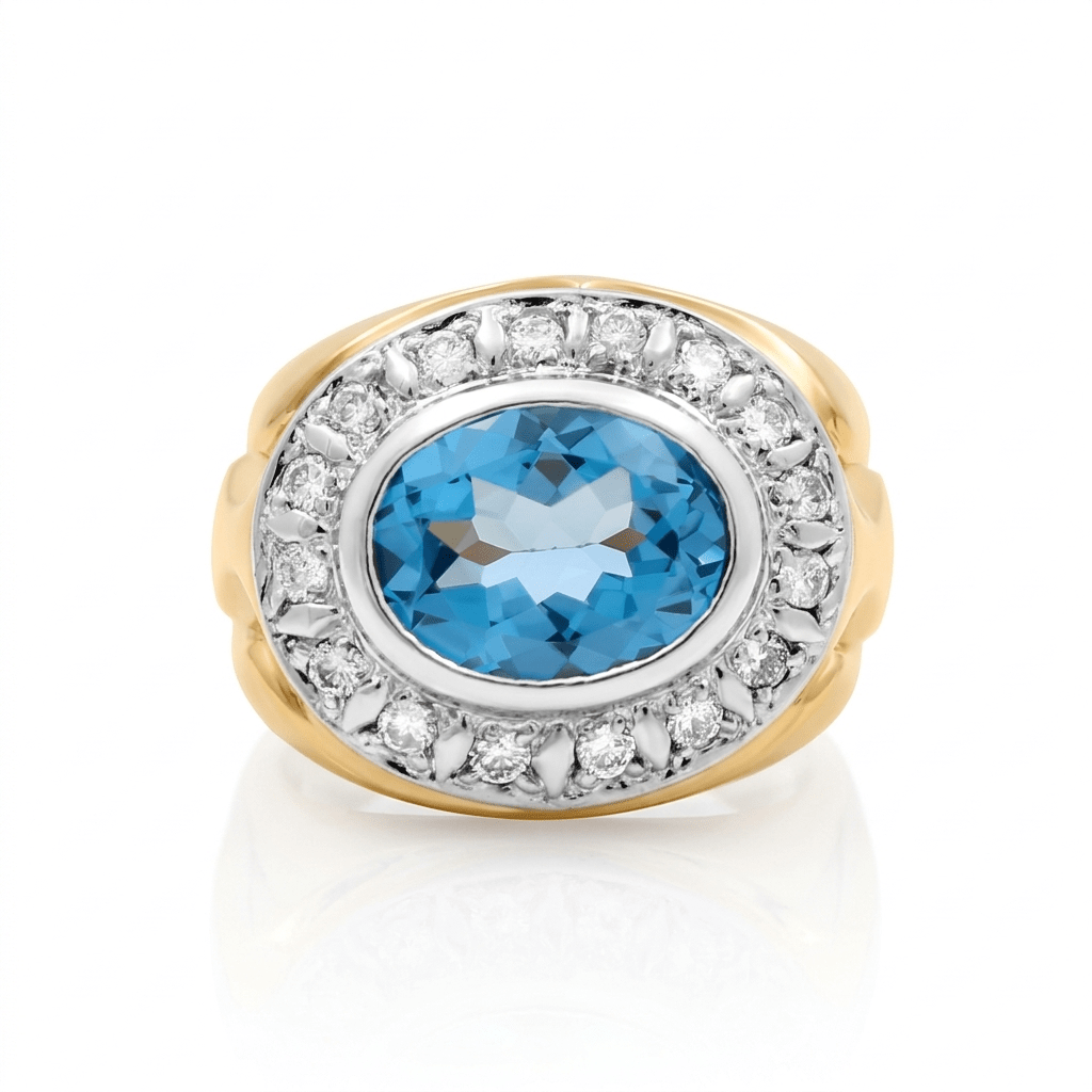 10K Two-Tone Gold Men's Oval Blue Topaz Diamond Ring 0.60 ct tw
