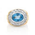 10K Two Tone White/Yellow Oval Diamond Men's Ring with 0.60Tw Round Diamonds and Oval Blue Topaz - Miral Jewelry