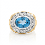 10K Two Tone White/Yellow Oval Diamond Men's Ring with 0.60Tw Round Diamonds and Oval Blue Topaz - Miral Jewelry