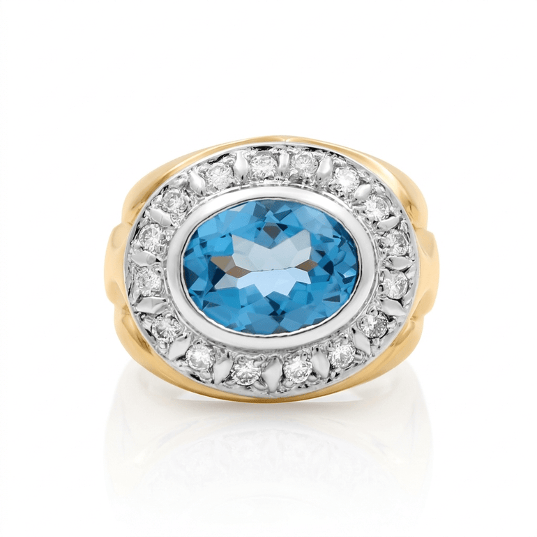 10K Two Tone White/Yellow Oval Diamond Men's Ring with 0.60Tw Round Diamonds and Oval Blue Topaz - Miral Jewelry