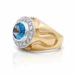 10K Two Tone White/Yellow Oval Diamond Men's Ring with 0.60Tw Round Diamonds and Oval Blue Topaz - Miral Jewelry