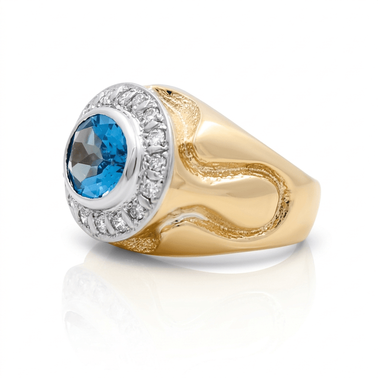 10K Two Tone White/Yellow Oval Diamond Men's Ring with 0.60Tw Round Diamonds and Oval Blue Topaz - Miral Jewelry