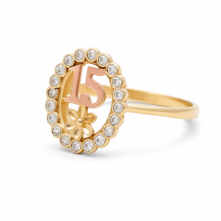 10K Two Tone Yellow/Rose Gold 15 with Cz Fashion Women's Ring - Miral Jewelry