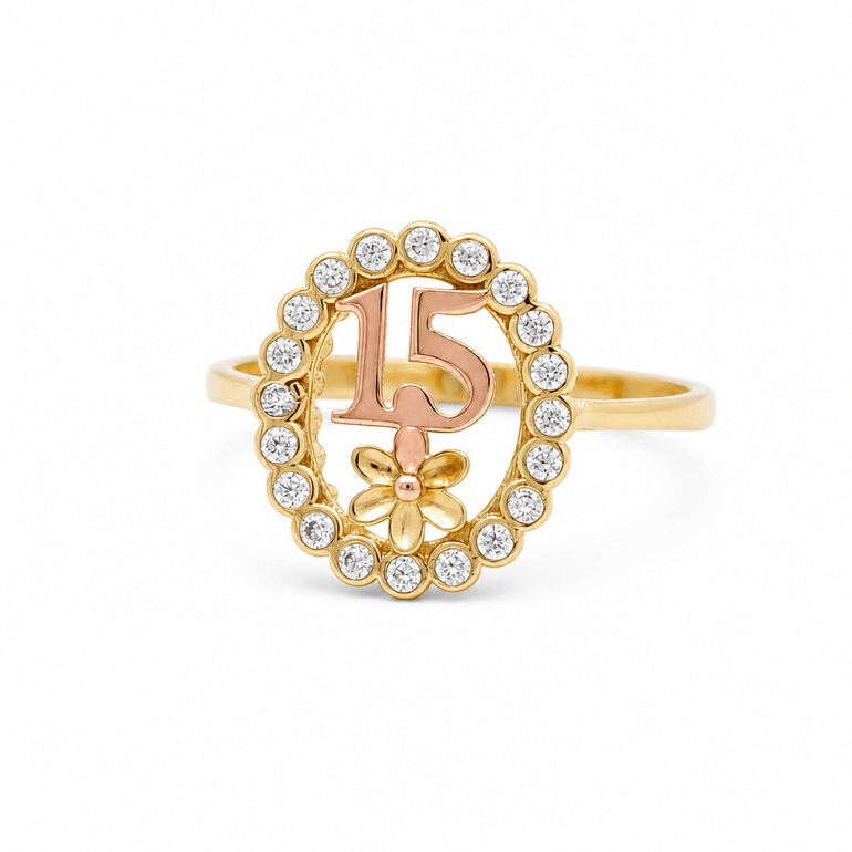 10K Two Tone Yellow/Rose Gold 15 with Cz Fashion Women's Ring - Miral Jewelry