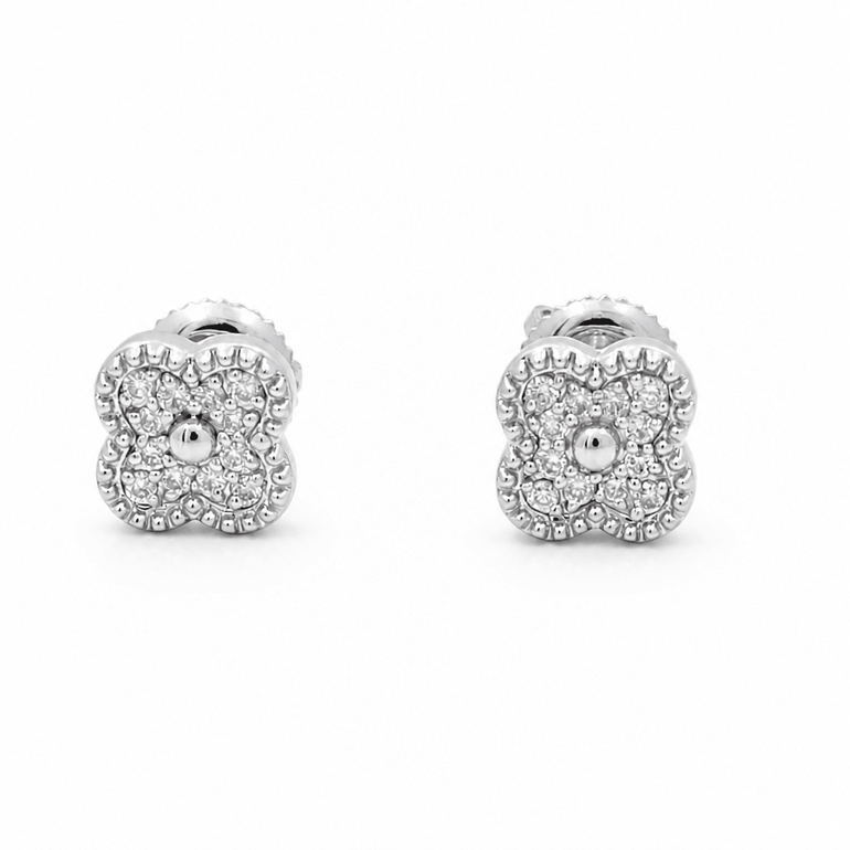 10K White Gold Clover Diamond Earrings with 0.16Tw Round Diamonds - Miral Jewelry
