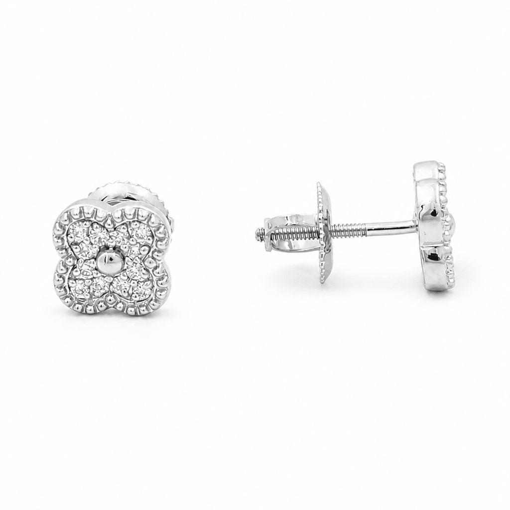 10K White Gold Clover Diamond Earrings with 0.16Tw Round Diamonds - Miral Jewelry