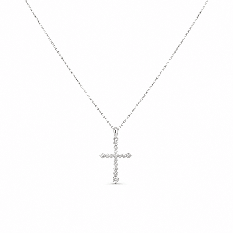 10k White Gold Cross Diamond Necklace 18" with 0.25Tw Round Diamonds - Miral Jewelry