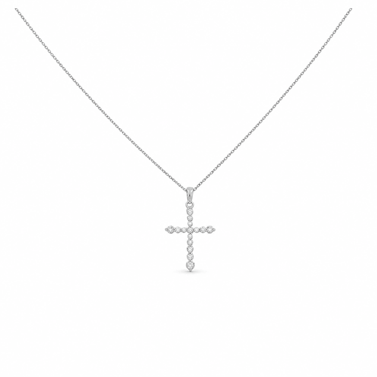 10k White Gold Cross Diamond Necklace 18" with 0.25Tw Round Diamonds - Miral Jewelry