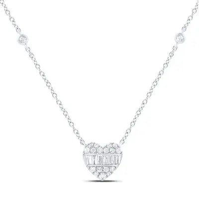 10K White Gold Heart Diamond Women's Necklace wiht 0.25Tw Round and Baguette Diamonds - Miral Jewelry