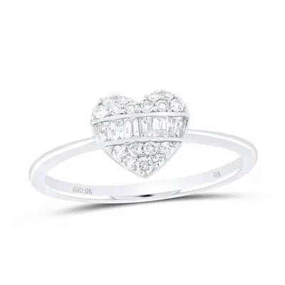 10K White Gold Heart Woman Fashion Ring with 0.25Tw Round and Baguette Diamonds - Miral Jewelry